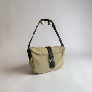 Donald Pliner Beige and Dark Brown Leather-Trim Shoulder Bag